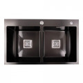 Кухонна мийка PLATINUM Handmade PVD HDB чорна 78*48 на дві чаші (квадратний сифон,3.0/1.0)